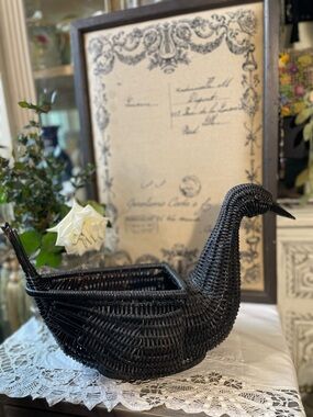 Vintage black woven duck bird basket Primitive folk art French Country decor